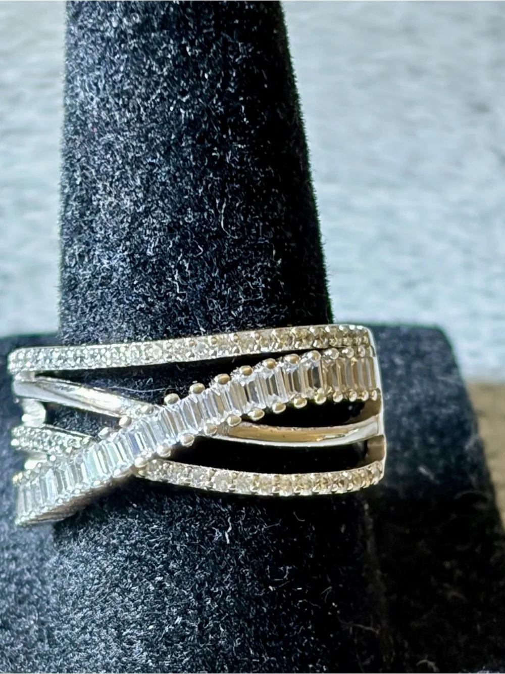 IBB 925 Sterling Silver CZ Baguette Crossover Ring Size 7